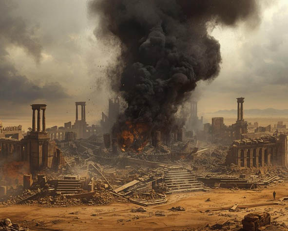 Old Testament Cruelty article - inner image - a razed anccient city with smoke rising from ruins