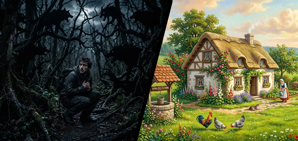 A dark and scary forest on one side, and an idealized rural house on another side.