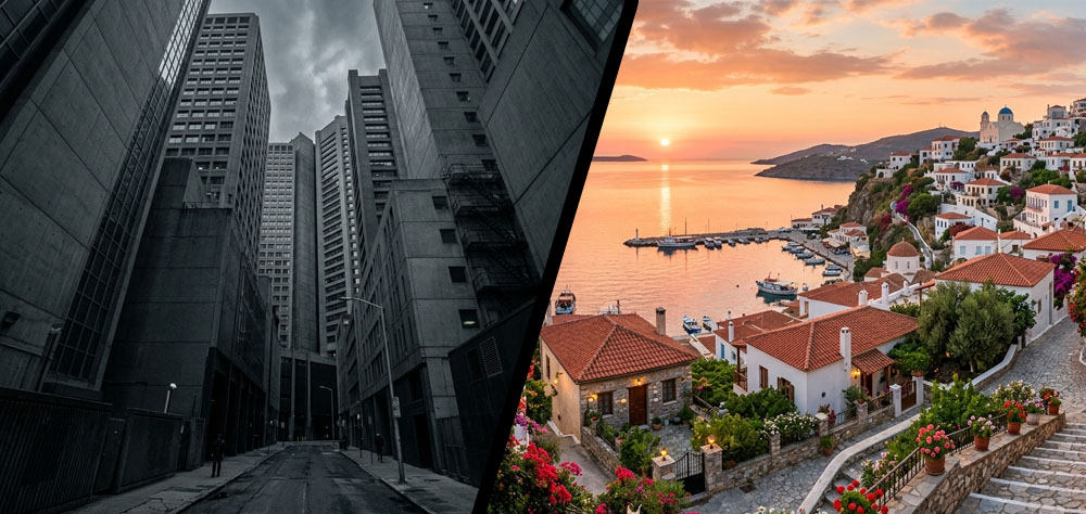 An oppresive concrete megacity on one side, and a beautiful seaside town on another side.